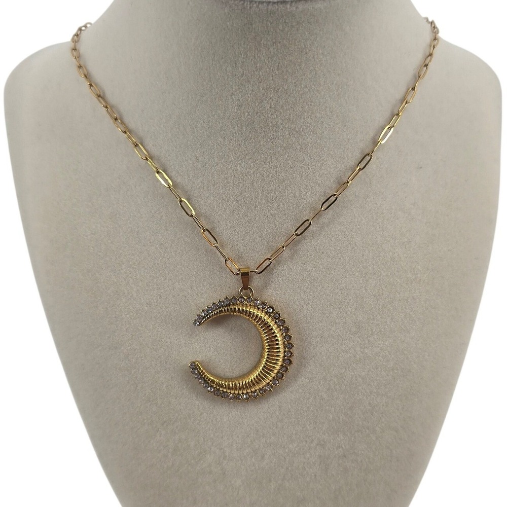Unbranded Necklace Womens OS Crescent Moon Gold Rhinestone Paperclip Chain EUC